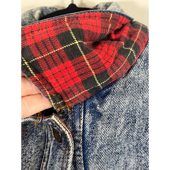 Vintage Acid Wash Denim Jean Bomber Jacket Blue 10 Flannel Plaid 80s Y2K Preppy - Picture 8 of 16